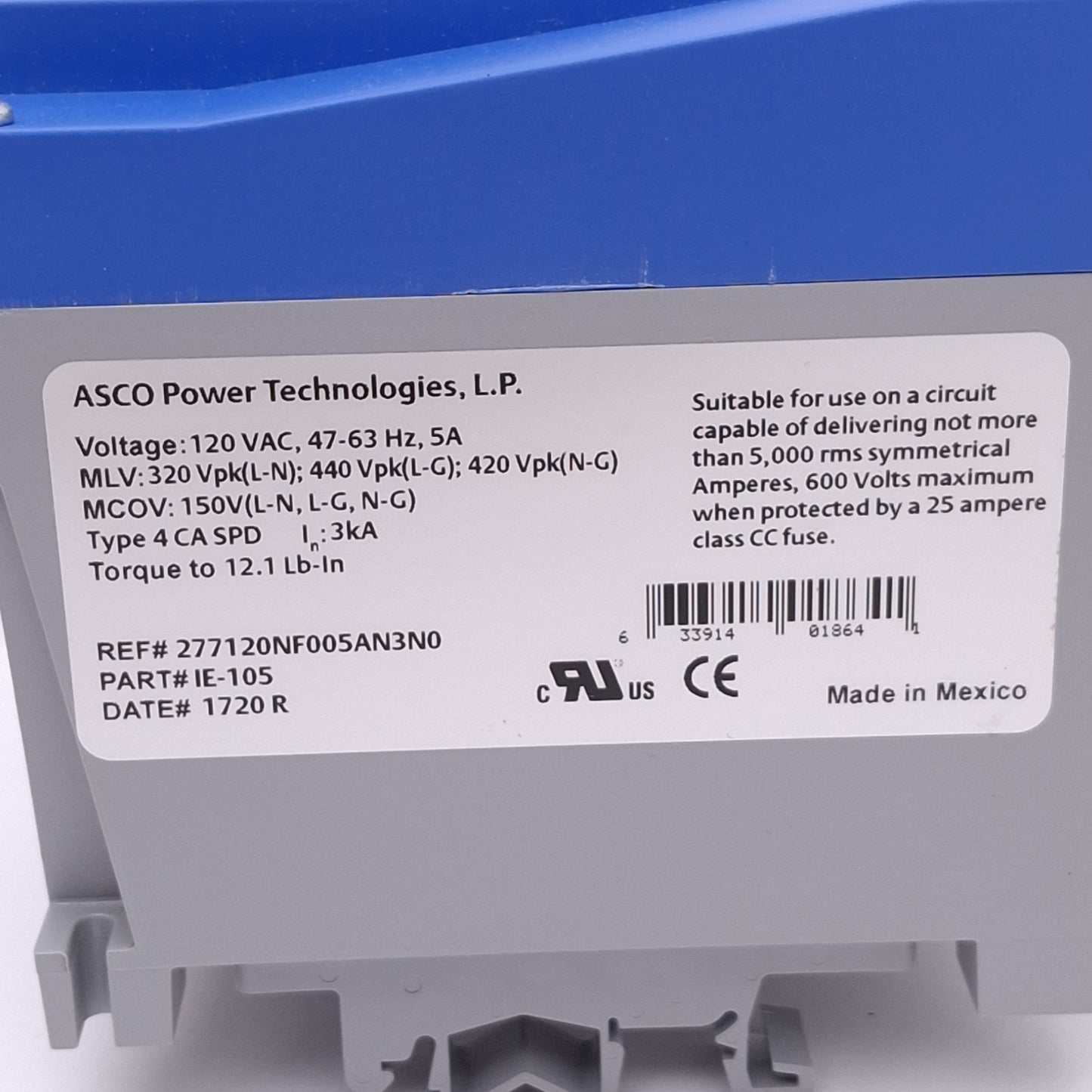 New ASCO IE-105 Active Tracking AC Power Noise Filter, 5A 120VAC, DIN Rail