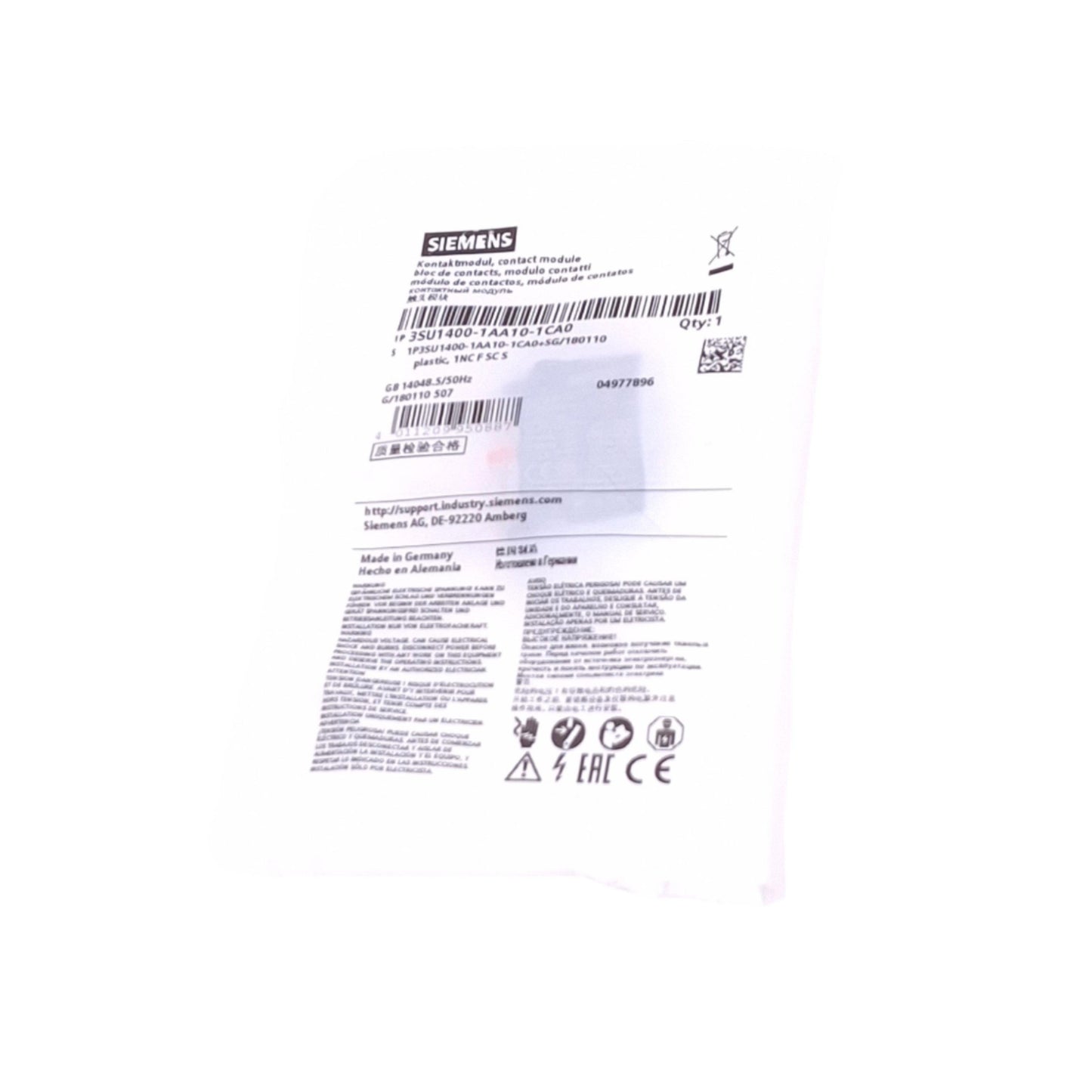 New Siemens 3SU1400-1AA10-1CA0 Contact Module, 1 Normally Closed, for 22mm Pilot