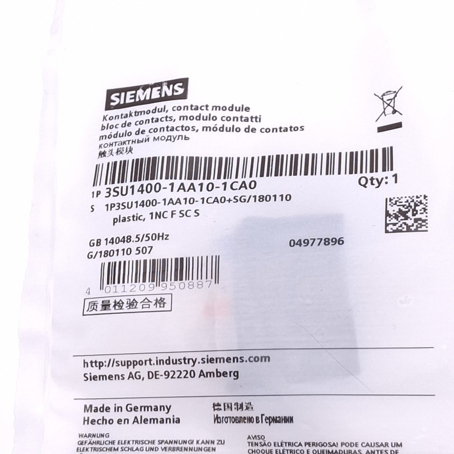 New Siemens 3SU1400-1AA10-1CA0 Contact Module, 1 Normally Closed, for 22mm Pilot