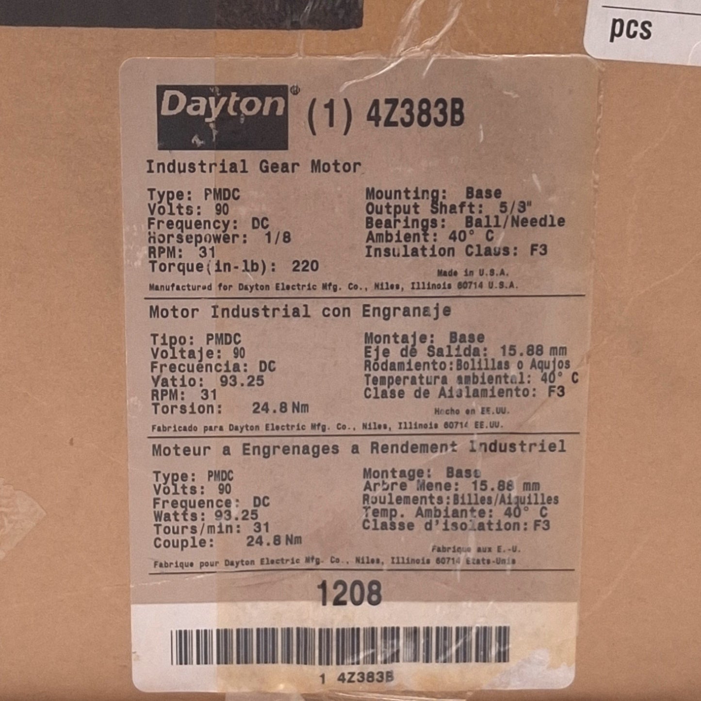 New Dayton 4Z383B DC Gearmotor, 58:1, 31rpm 220in-lbs 1/8HP Max, 90VDC 1.41A