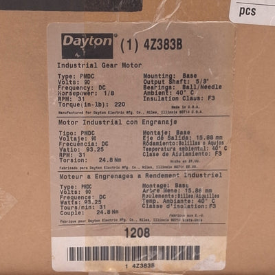 New Dayton 4Z383B DC Gearmotor, 58:1, 31rpm 220in-lbs 1/8HP Max, 90VDC 1.41A