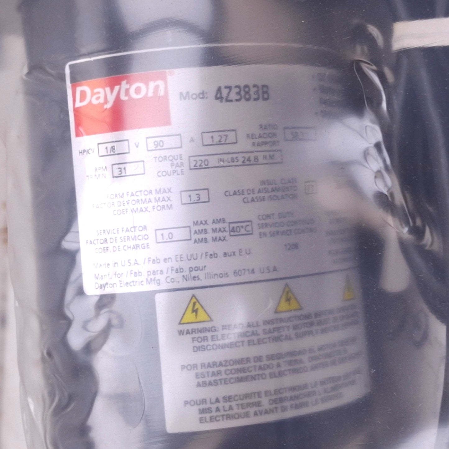 New Dayton 4Z383B DC Gearmotor, 58:1, 31rpm 220in-lbs 1/8HP Max, 90VDC 1.41A