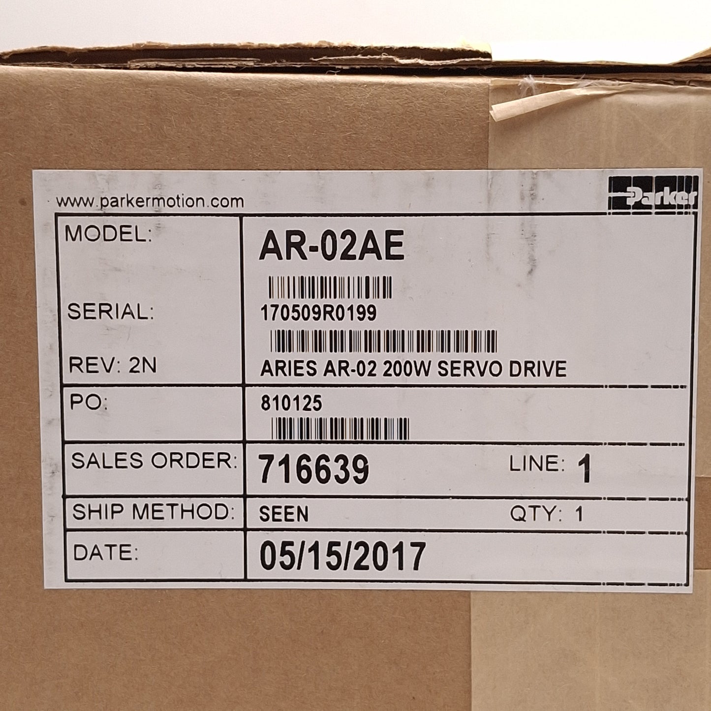 New Parker AR-02AE Aries Servo Drive 200W, 1Ø 120/240VAC In, 3Ø 170/340VDC Out