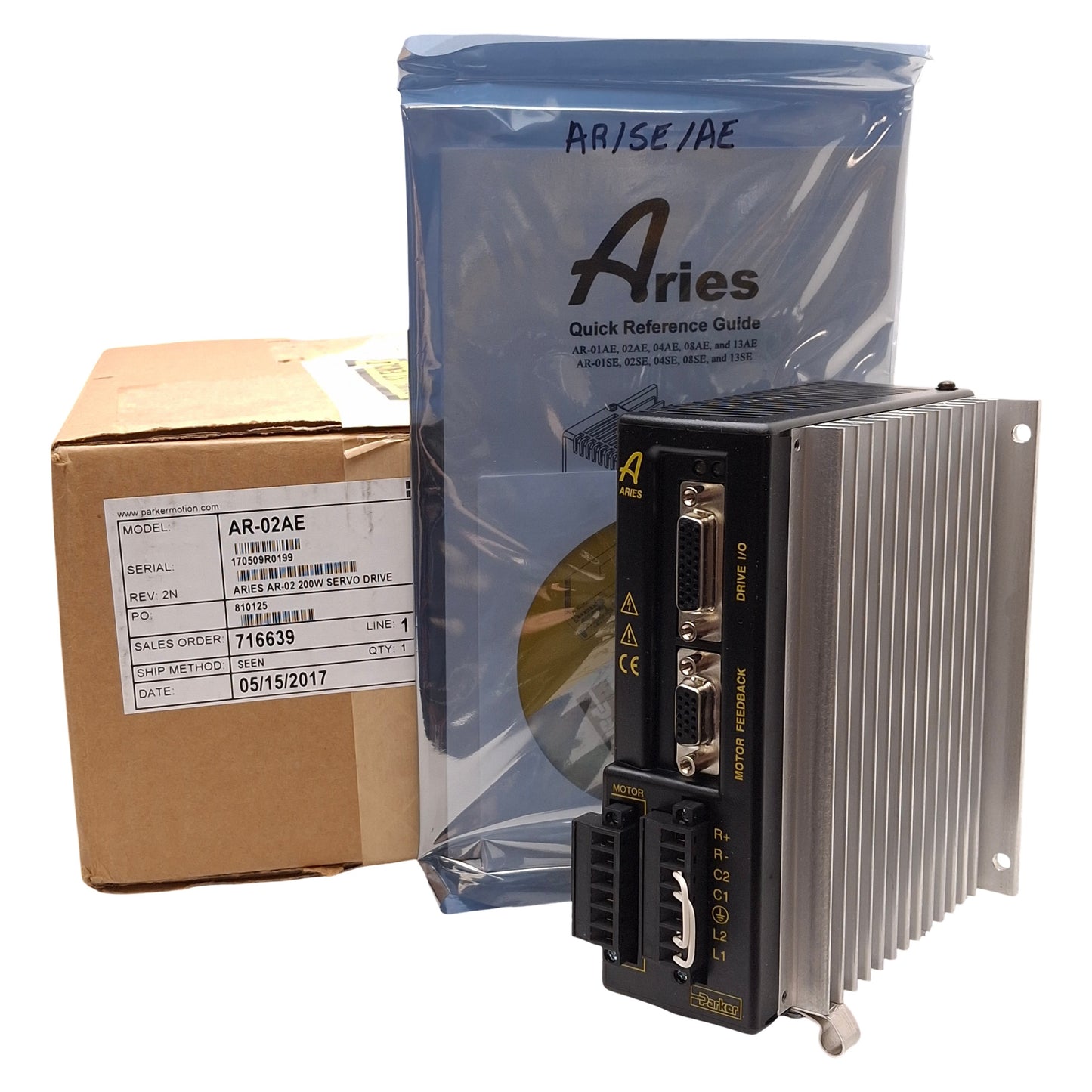 New Parker AR-02AE Aries Servo Drive 200W, 1Ø 120/240VAC In, 3Ø 170/340VDC Out