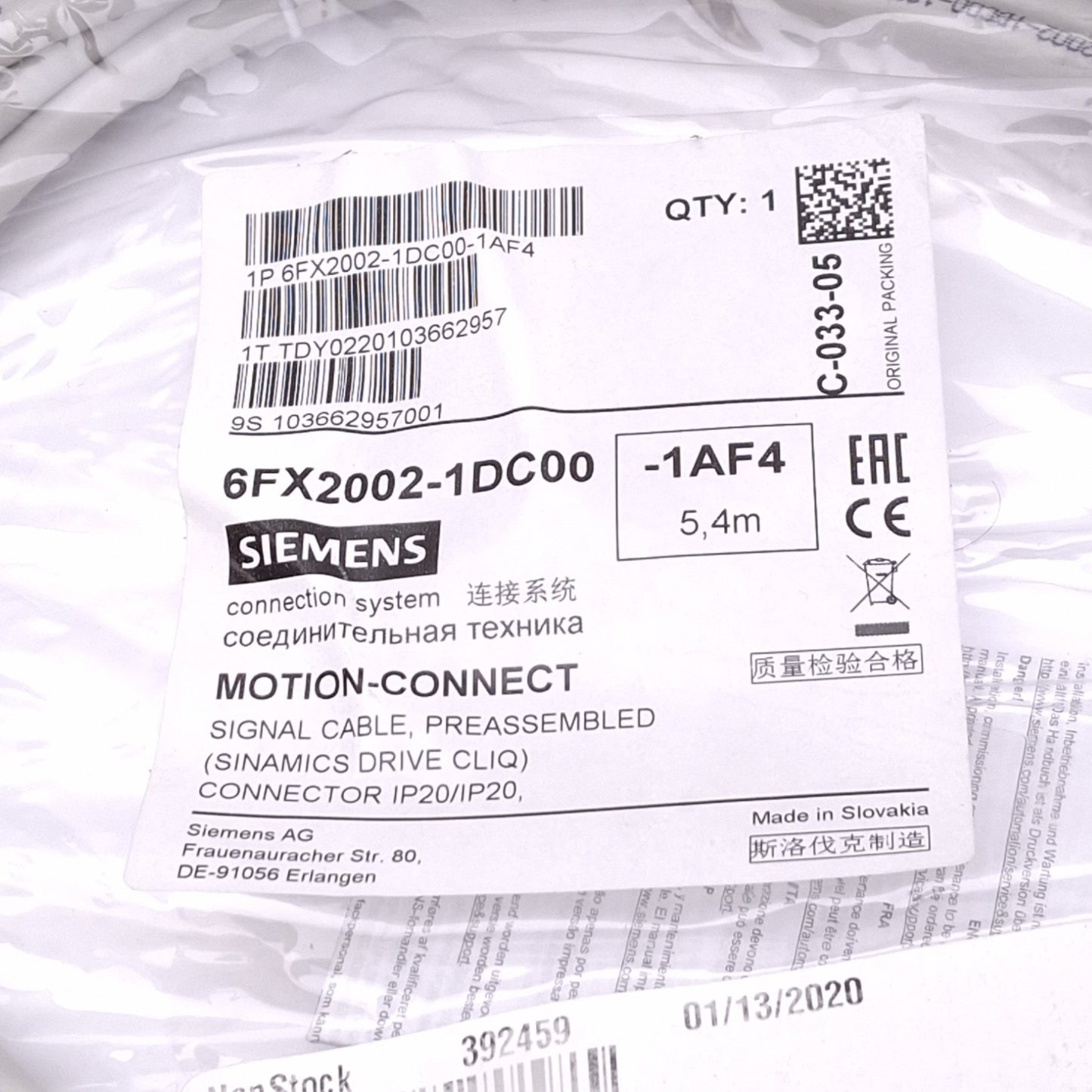 New Siemens 6FX2002-1DC00-1AF4 Cable for MOTION-CONNECT SINAMICS, 5.4m Length