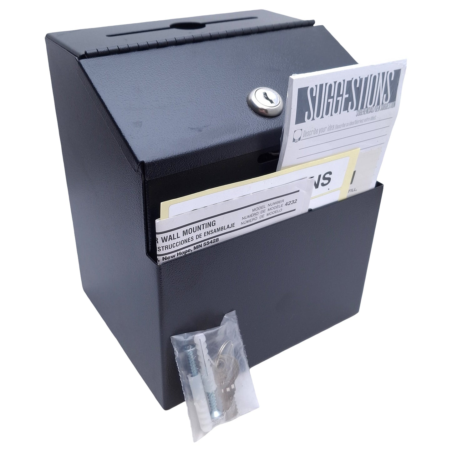 New – Open box Safco 4232 Suggestion Box 4-3/4 x 1/8in Slot, ø1in Key Drop, 7 x 7/16 x4-3/4in