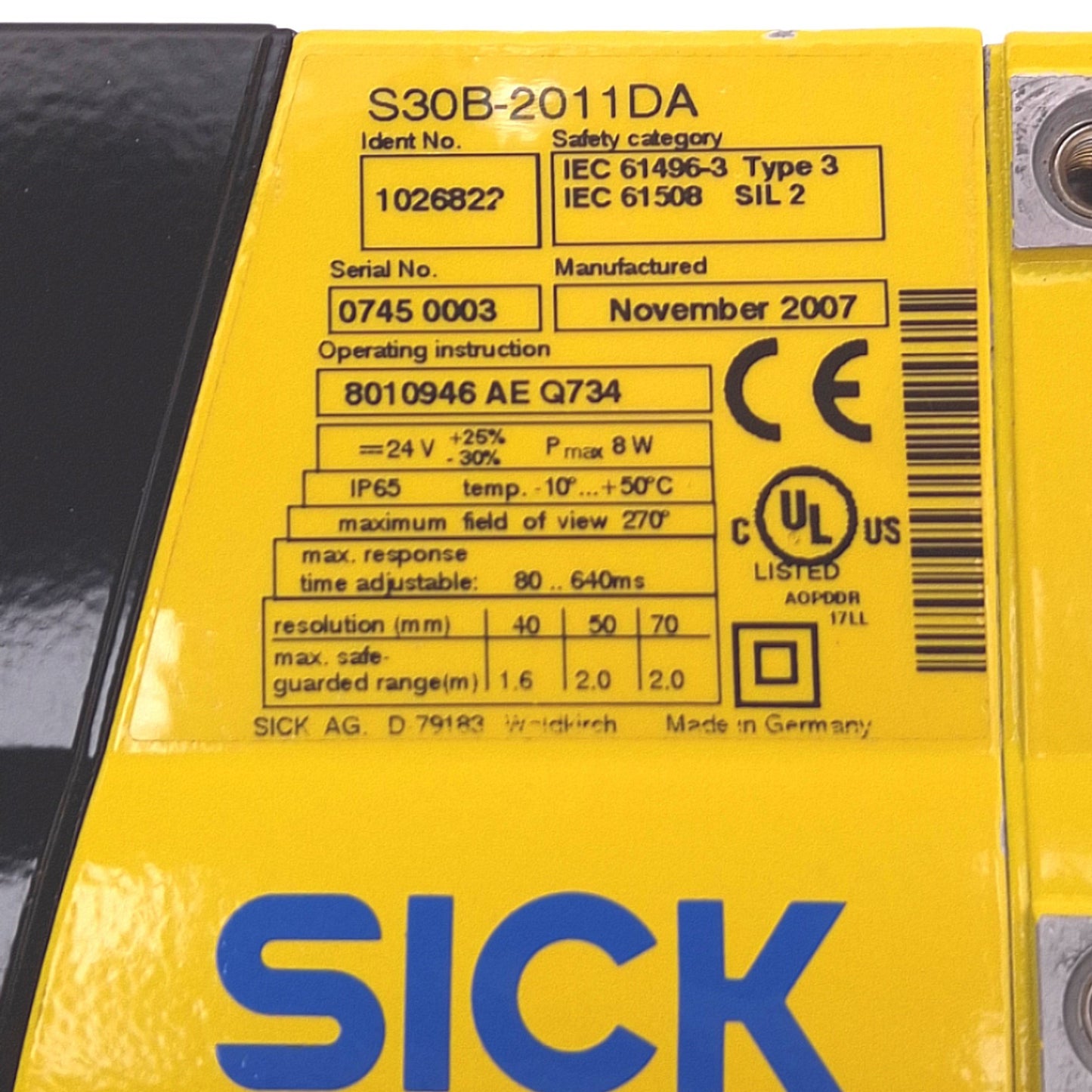 Used SICK S30B-2011DA S300 Professional Laser Safety Scanner, 270° 2m Range, 24VDC