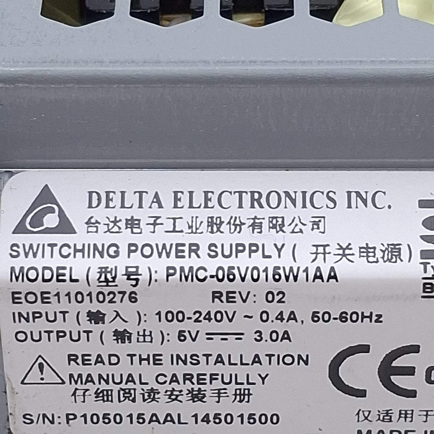 Used Delta PMC-05V015W1AA Switching Power Supply, 100-240VAC In, 3.0A 5VDC Out
