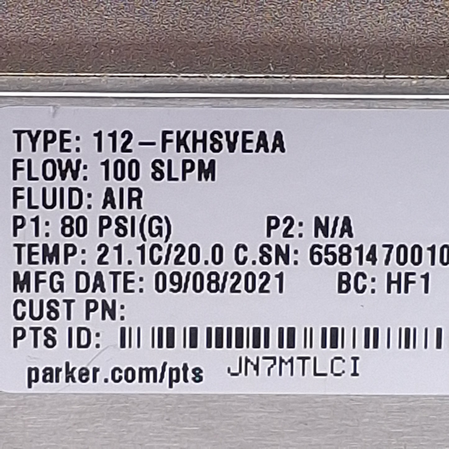 Used Parker 112-FKHSVEAA Analog Mass Flow Meter For Air 100SLPM Flow, 1500PSIG Max