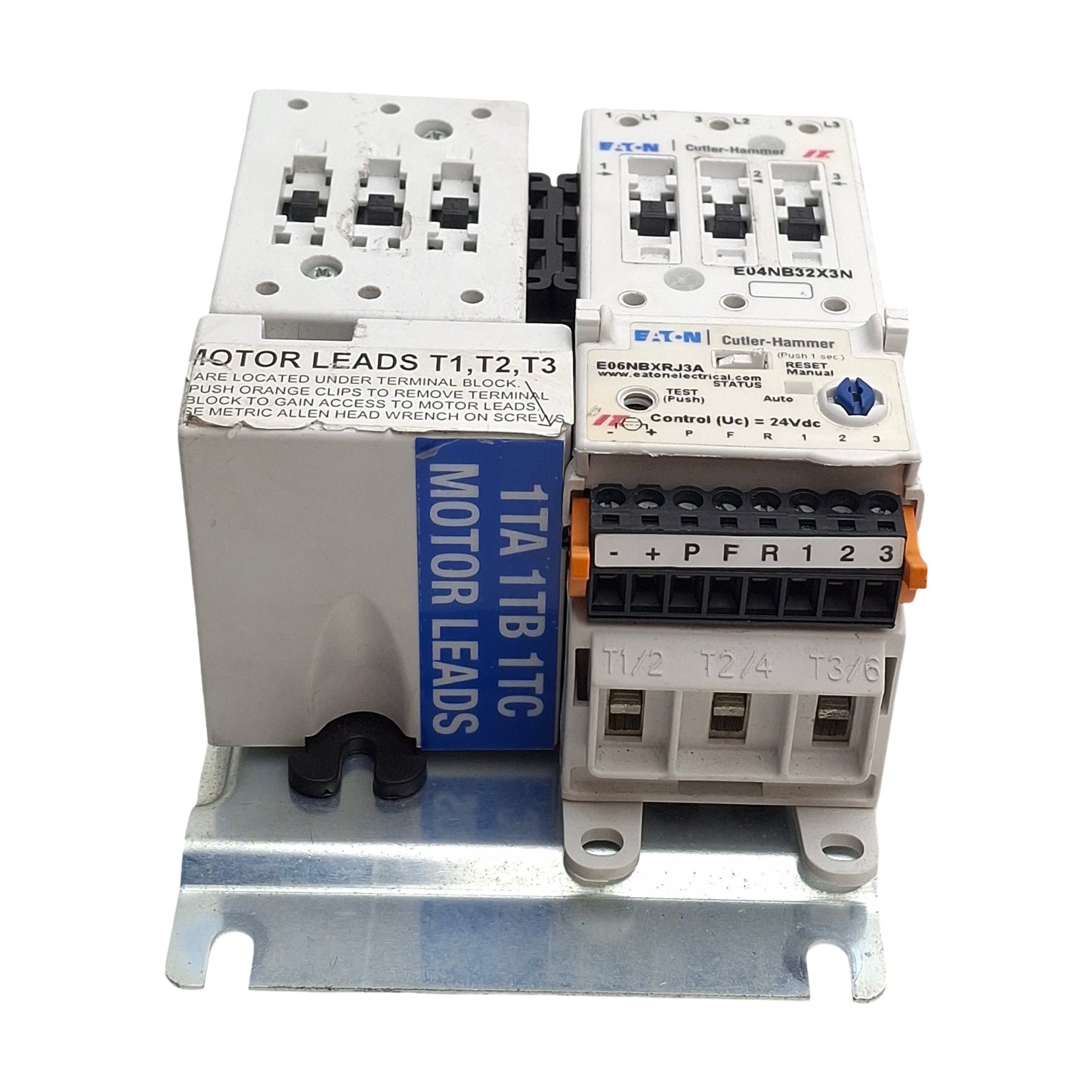 Used Eaton E04NB32X3N Reversing Contactor w/ E06NBXRJ3A Overload Assy, 3-Poles, 32A