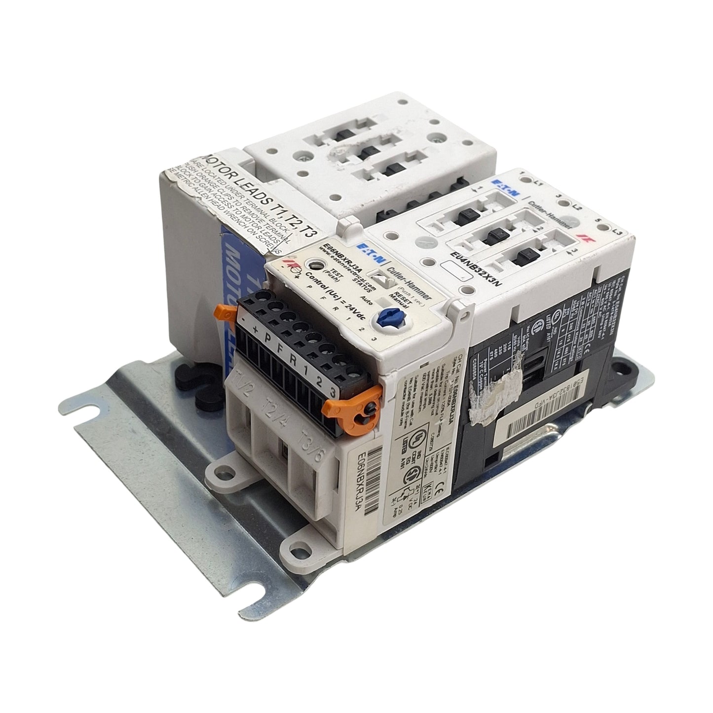 Used Eaton E04NB32X3N Reversing Contactor w/ E06NBXRJ3A Overload Assy, 3-Poles, 32A