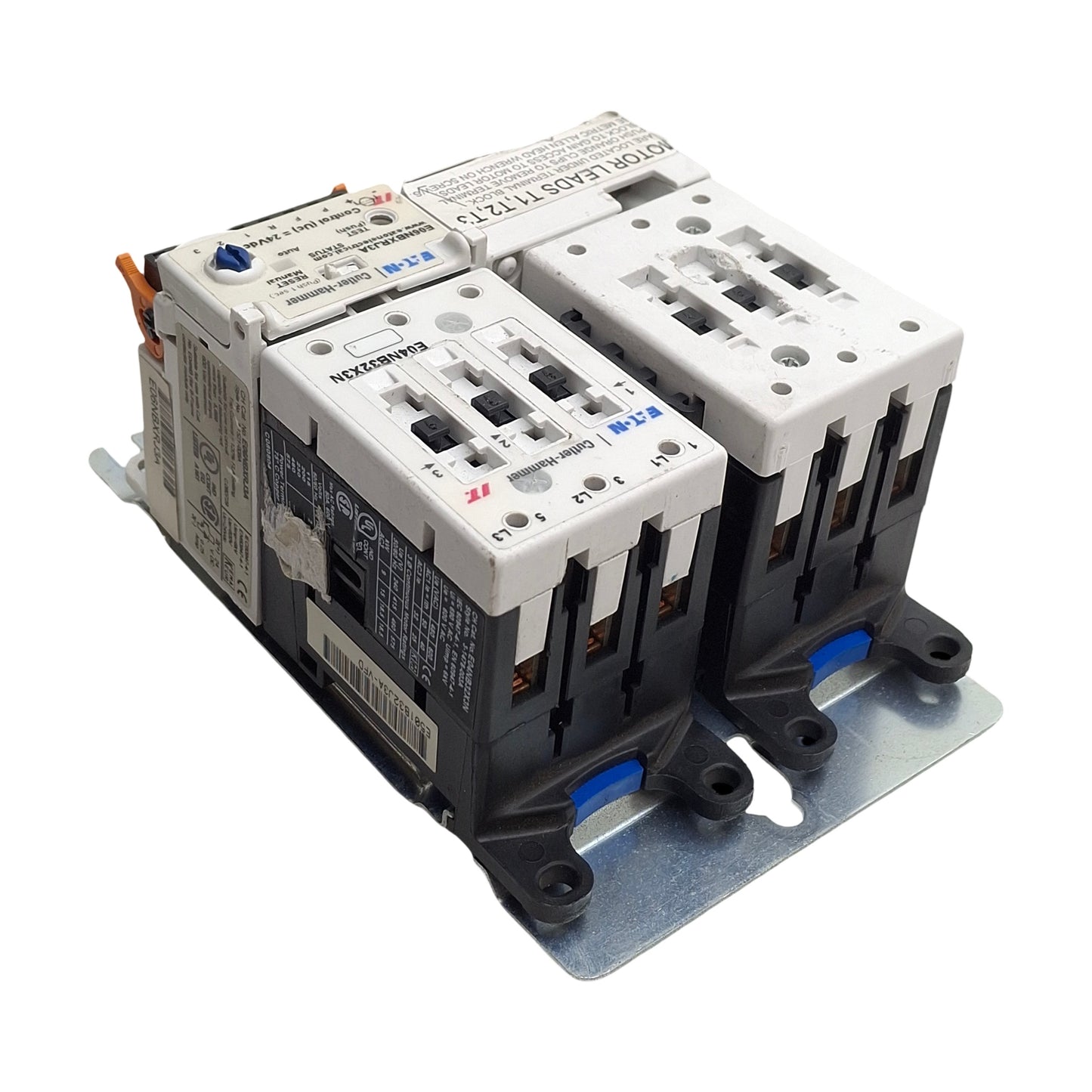 Used Eaton E04NB32X3N Reversing Contactor w/ E06NBXRJ3A Overload Assy, 3-Poles, 32A