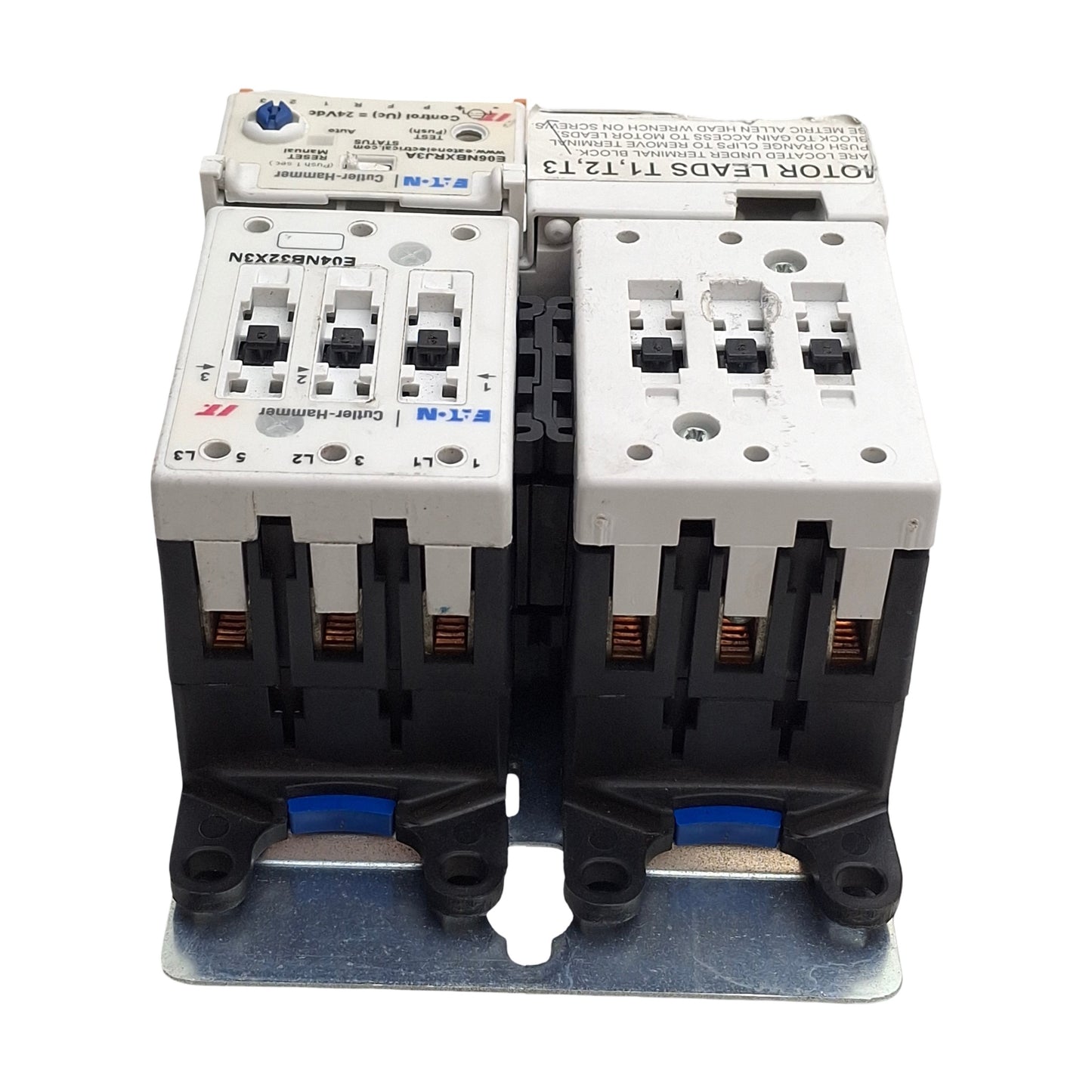 Used Eaton E04NB32X3N Reversing Contactor w/ E06NBXRJ3A Overload Assy, 3-Poles, 32A