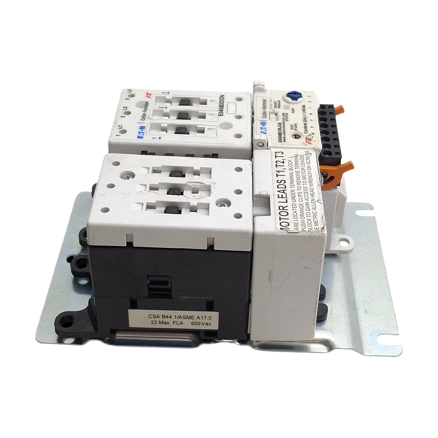 Used Eaton E04NB32X3N Reversing Contactor w/ E06NBXRJ3A Overload Assy, 3-Poles, 32A