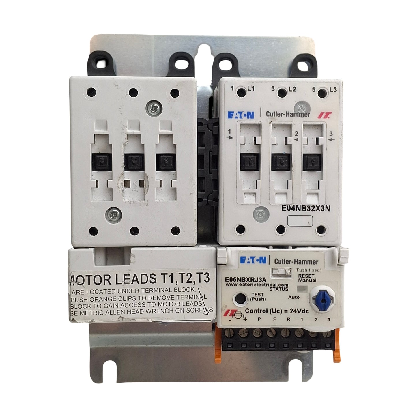 Used Eaton E04NB32X3N Reversing Contactor w/ E06NBXRJ3A Overload Assy, 3-Poles, 32A