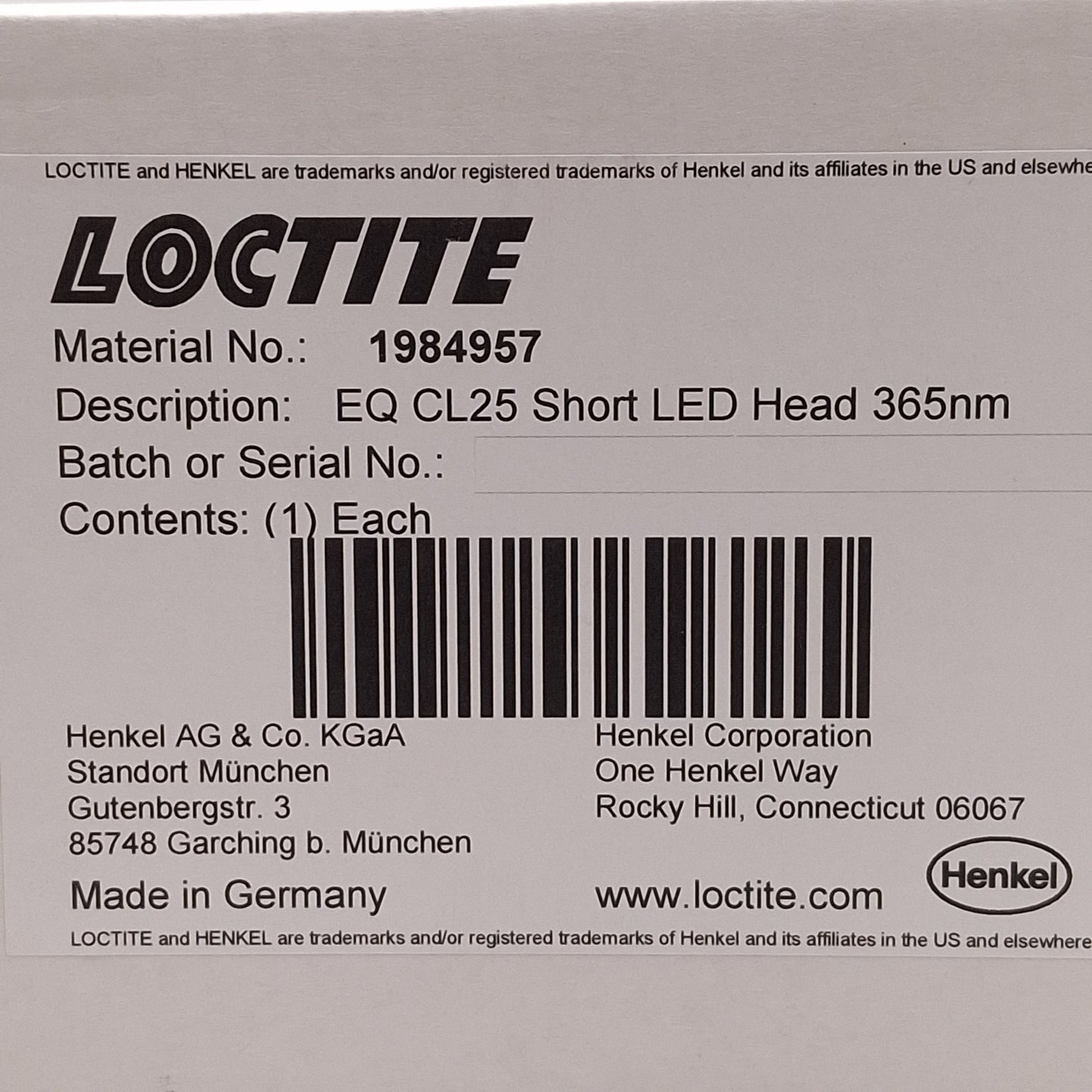 New Loctite 1984957 EQ CL25 Short LED Head, 365nm Wavelength, 20W/cm² Intensity