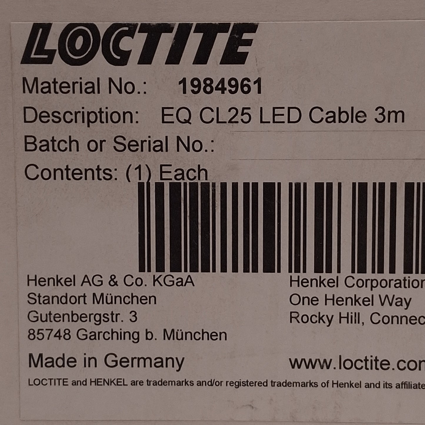 New Loctite 1984961 EQ CL25 Light Curing LED Head Connecting Cable, 3m Length
