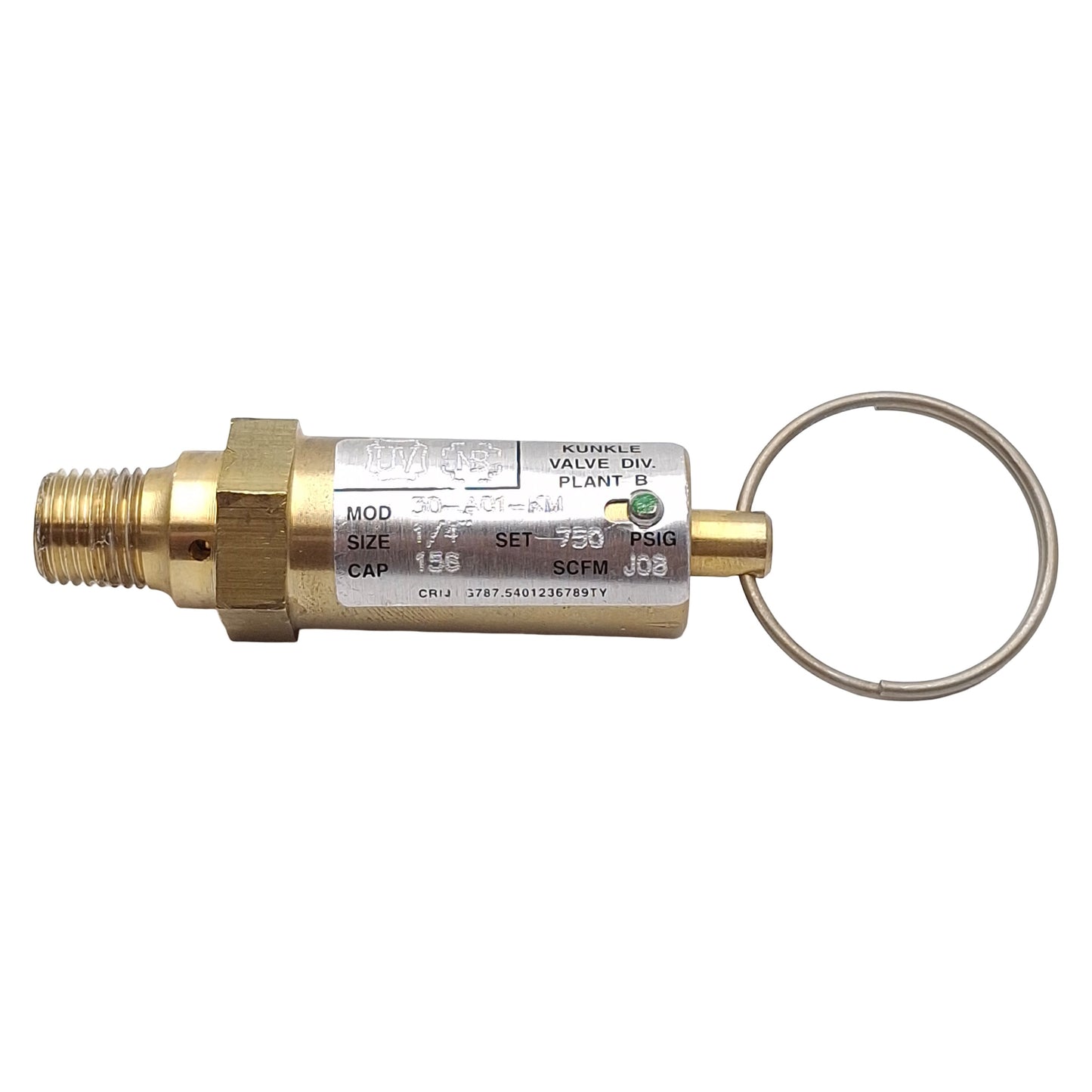 Used Emerson Kunkle 30-A01-KM0750 Brass Safety Valve, 1/4in NPT, 750psi Set, 156scfm
