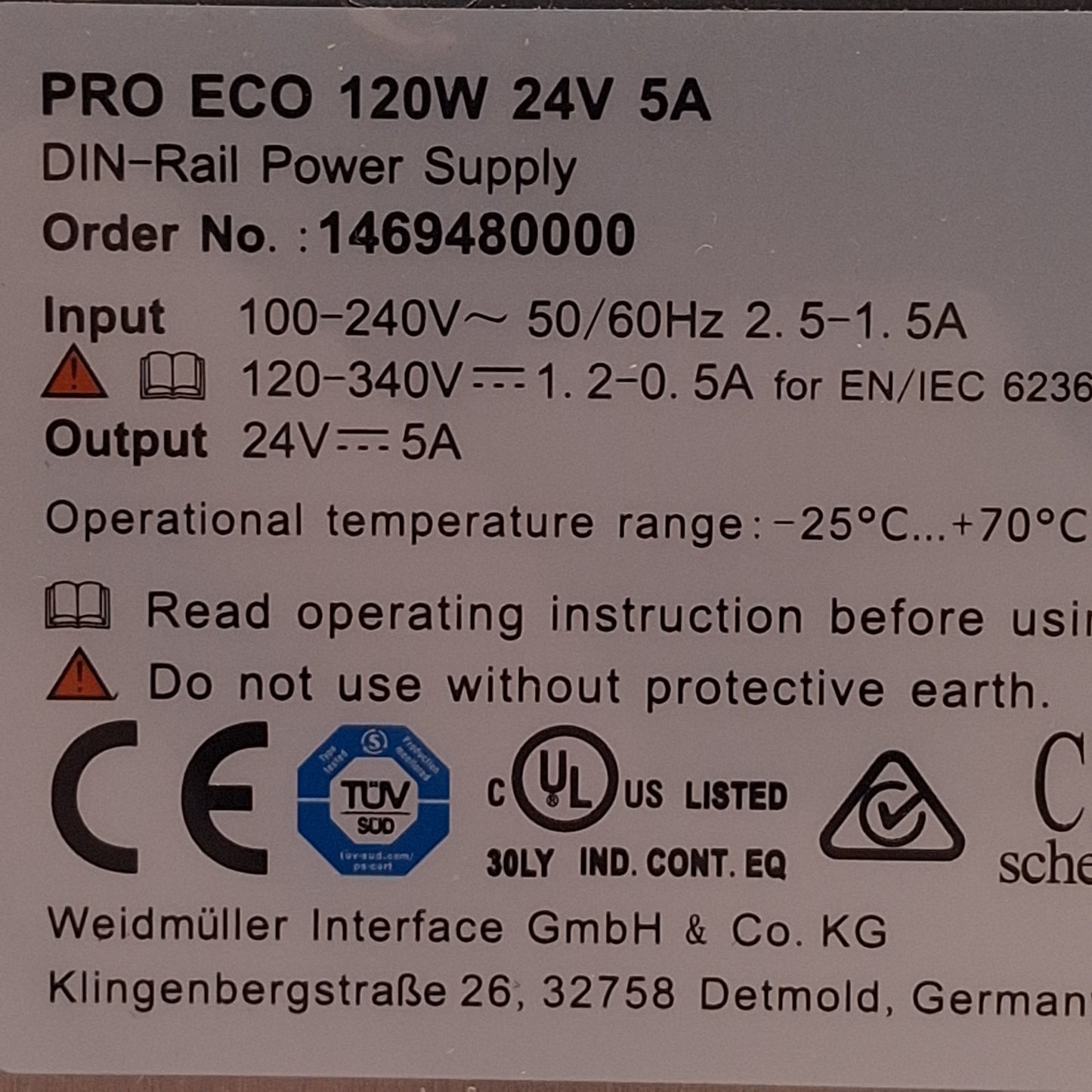 Used Weidmuller 1469480000 PRO ECO Power Supply, 120W 24VDC 5A OUT, 100-240VAC IN