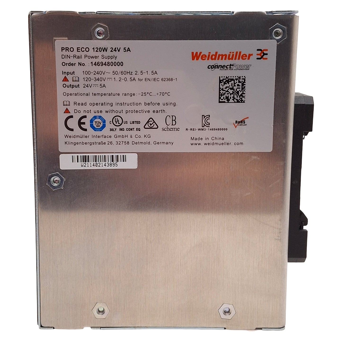 Used Weidmuller 1469480000 PRO ECO Power Supply, 120W 24VDC 5A OUT, 100-240VAC IN