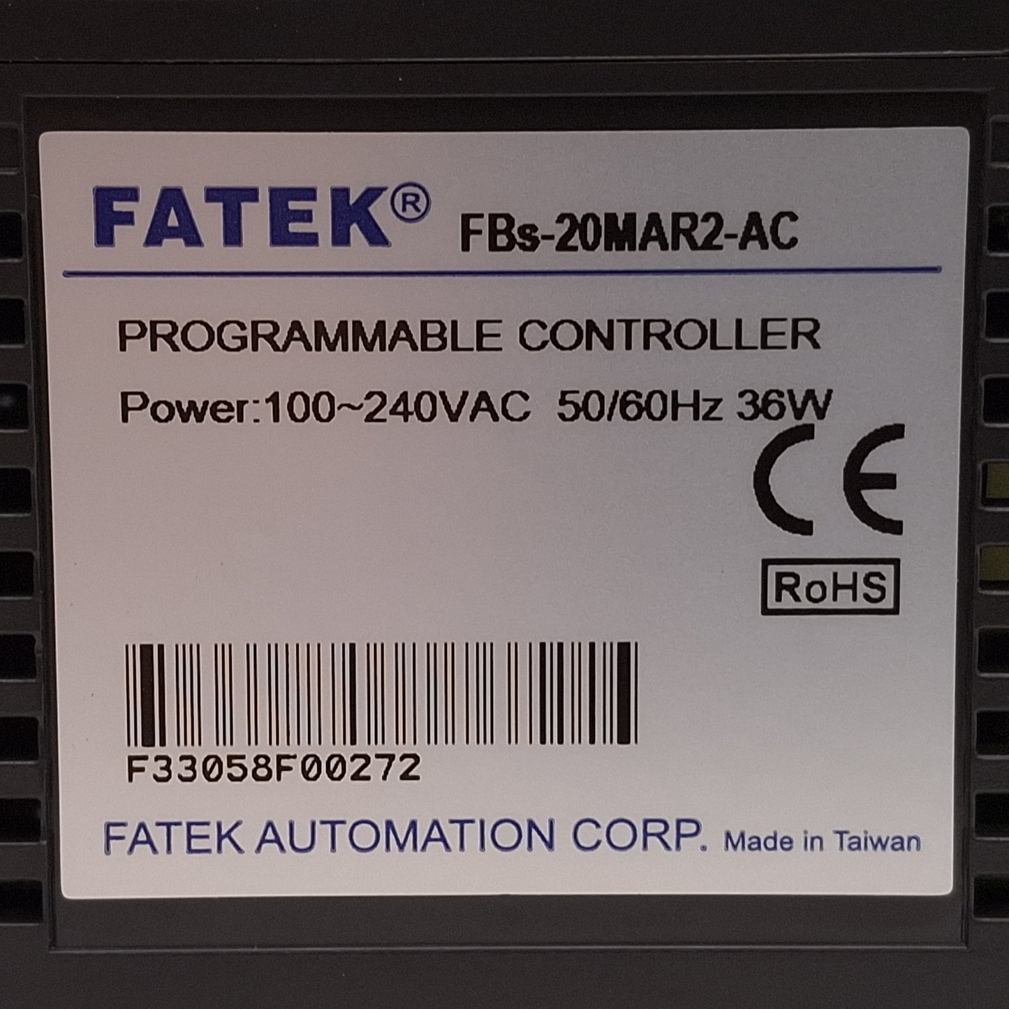 Used FATEK FBs-20MAR2-AC Programmable Controller, 12-Input, 8-Output, 100-240VAC