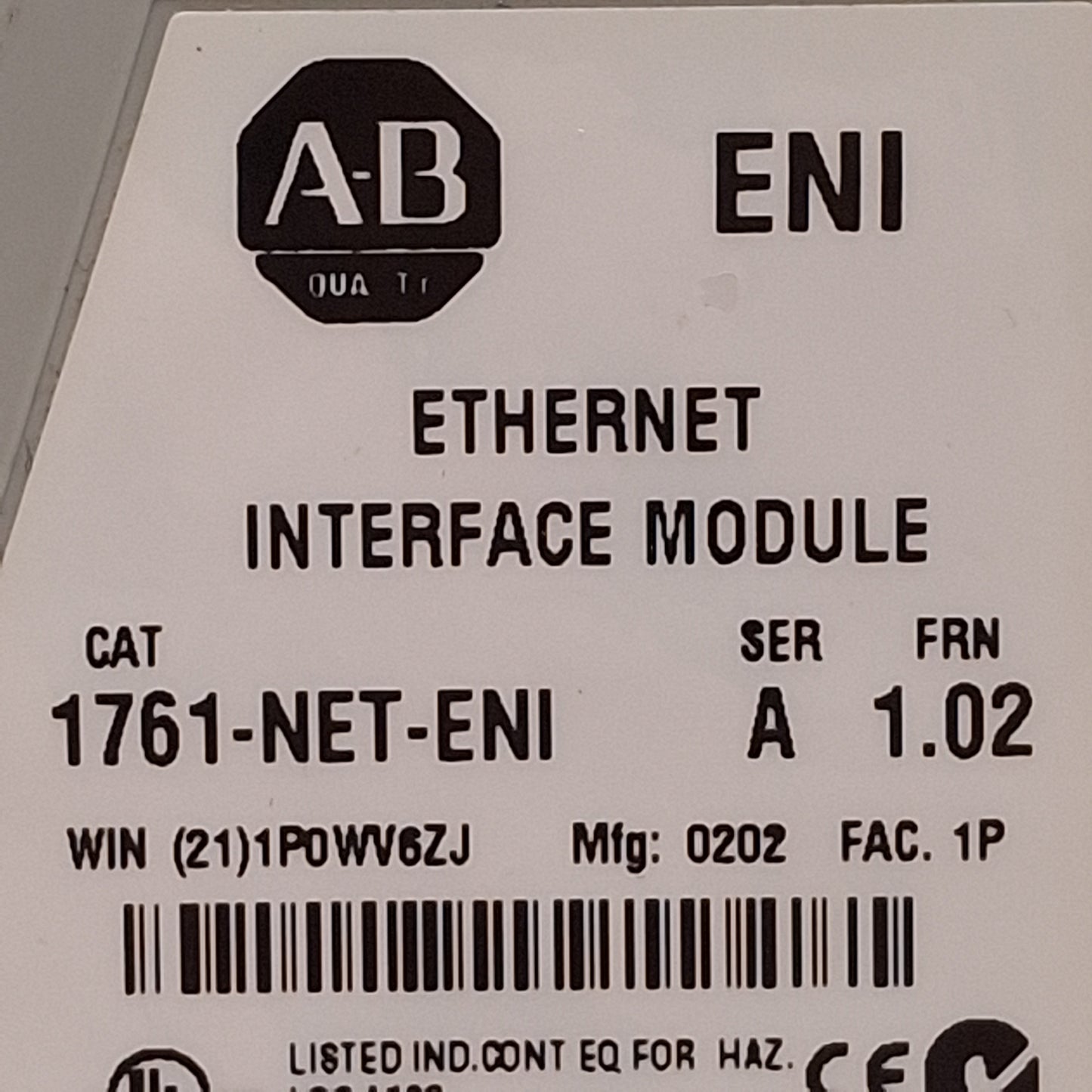 Used Allen Bradley 1761-NET-ENI MicroLogix Ethernet Network Interface, RJ45, RS-232