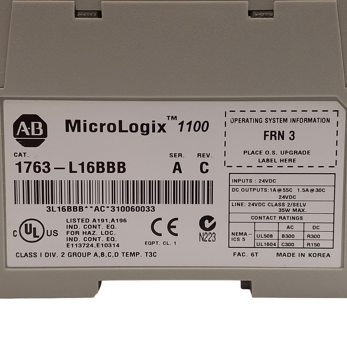 Used Allen Bradley 1763-L16BBB Ser A FRN 3 MicroLogix 1100 16-Point PLC Controller
