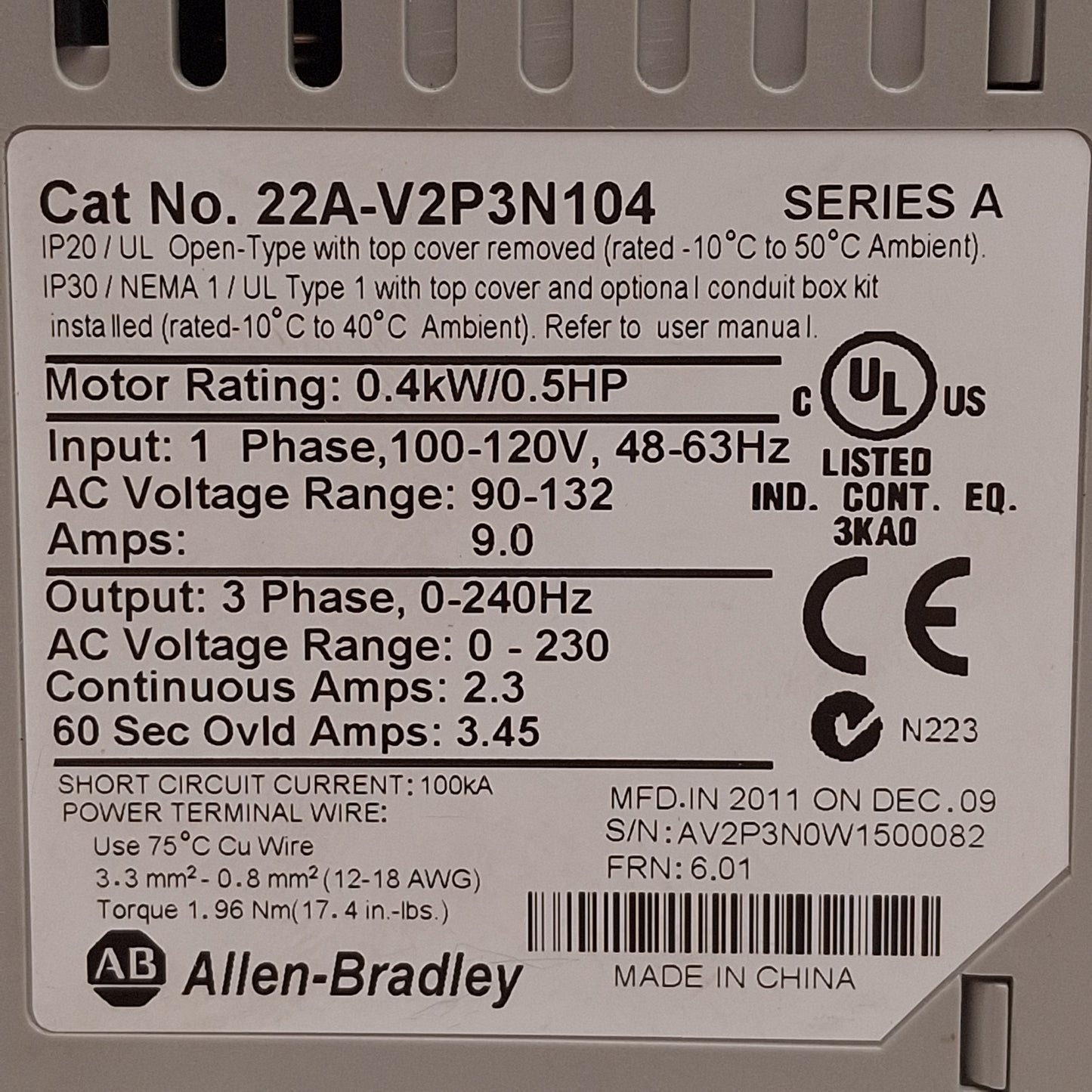 Used Allen Bradley 22A-V2P3N104 PowerFlex 4 AC Drive, 0.4kW / 0.5HP, 3Ø 0-230VAC 2.3A