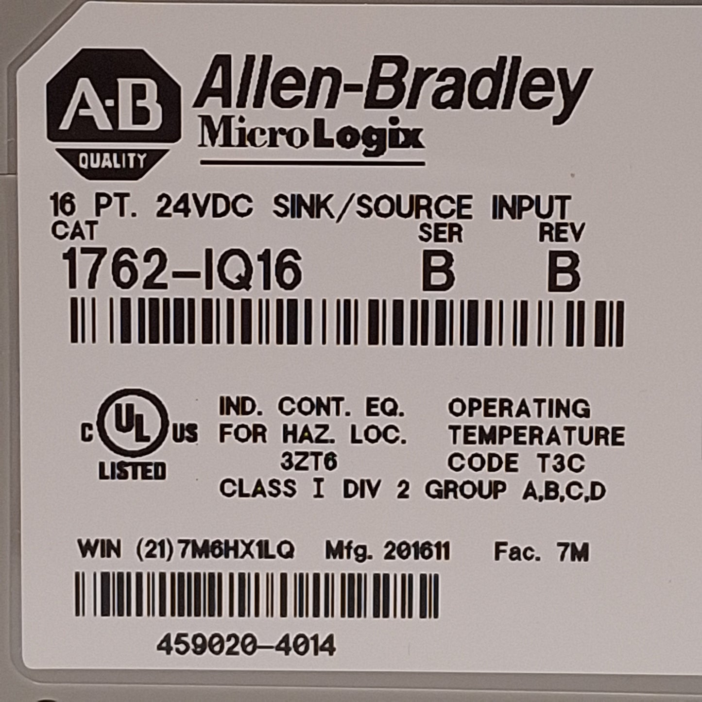 Used Allen Bradley 1762-IQ16 Ser B MicroLogix Digital Input Module 16-Point, 24VDC