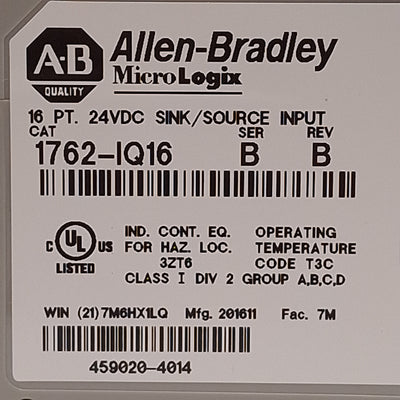 Used Allen Bradley 1762-IQ16 Ser B MicroLogix Digital Input Module 16-Point, 24VDC