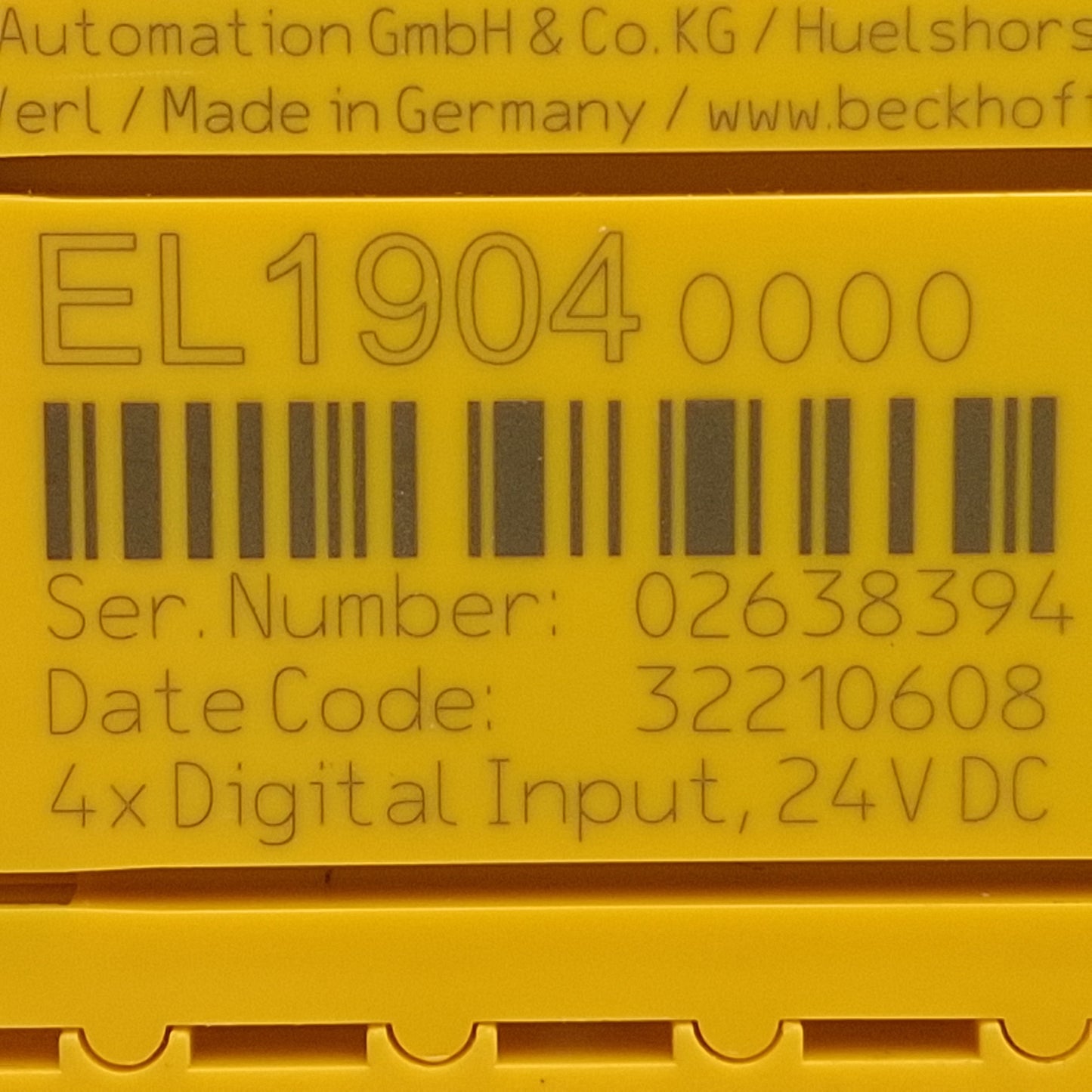 Used Beckhoff EL1904 EtherCAT Terminal, 4-Channel Digital Input, 24VDC, DIN Rail