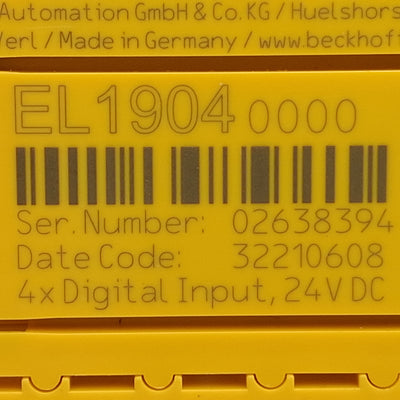 Used Beckhoff EL1904 EtherCAT Terminal, 4-Channel Digital Input, 24VDC, DIN Rail