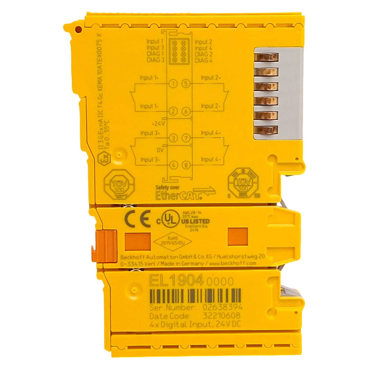 Used Beckhoff EL1904 EtherCAT Terminal, 4-Channel Digital Input, 24VDC, DIN Rail