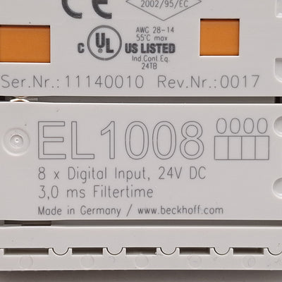 Used Beckhoff EL1008 EtherCAT Terminal, 8-Channel Digital Input, 3ms, 24VDC, DIN Rail