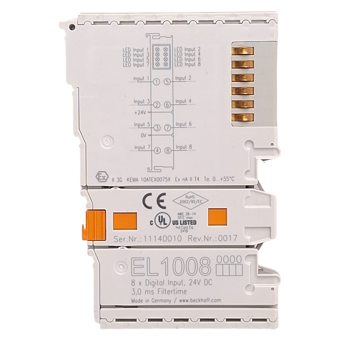 Used Beckhoff EL1008 EtherCAT Terminal, 8-Channel Digital Input, 3ms, 24VDC, DIN Rail