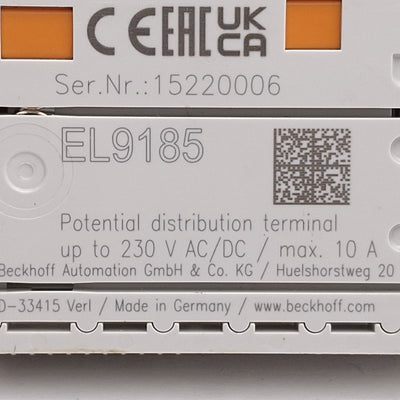 Used Beckhoff EL9185 EtherCAT Terminal, Potential Distribution 230VAC/DC 10A DIN Rail
