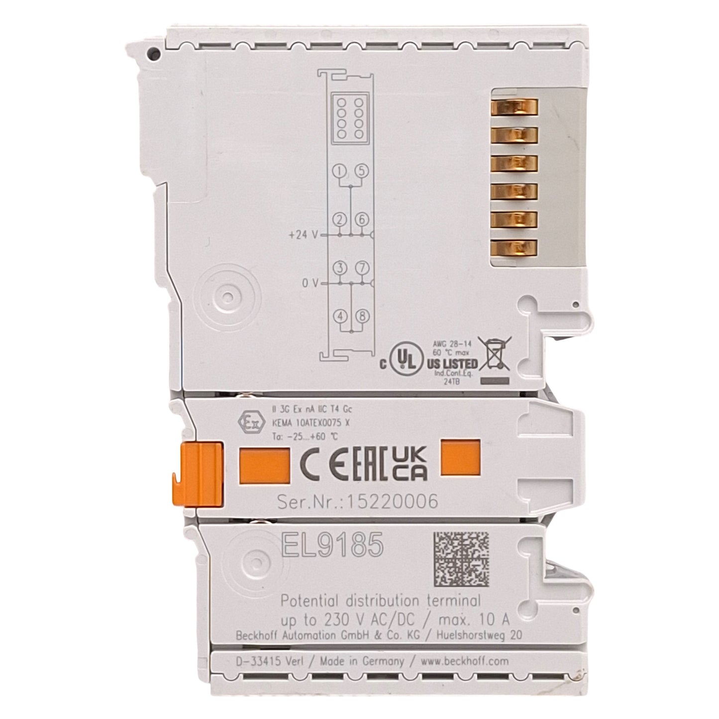 Used Beckhoff EL9185 EtherCAT Terminal, Potential Distribution 230VAC/DC 10A DIN Rail