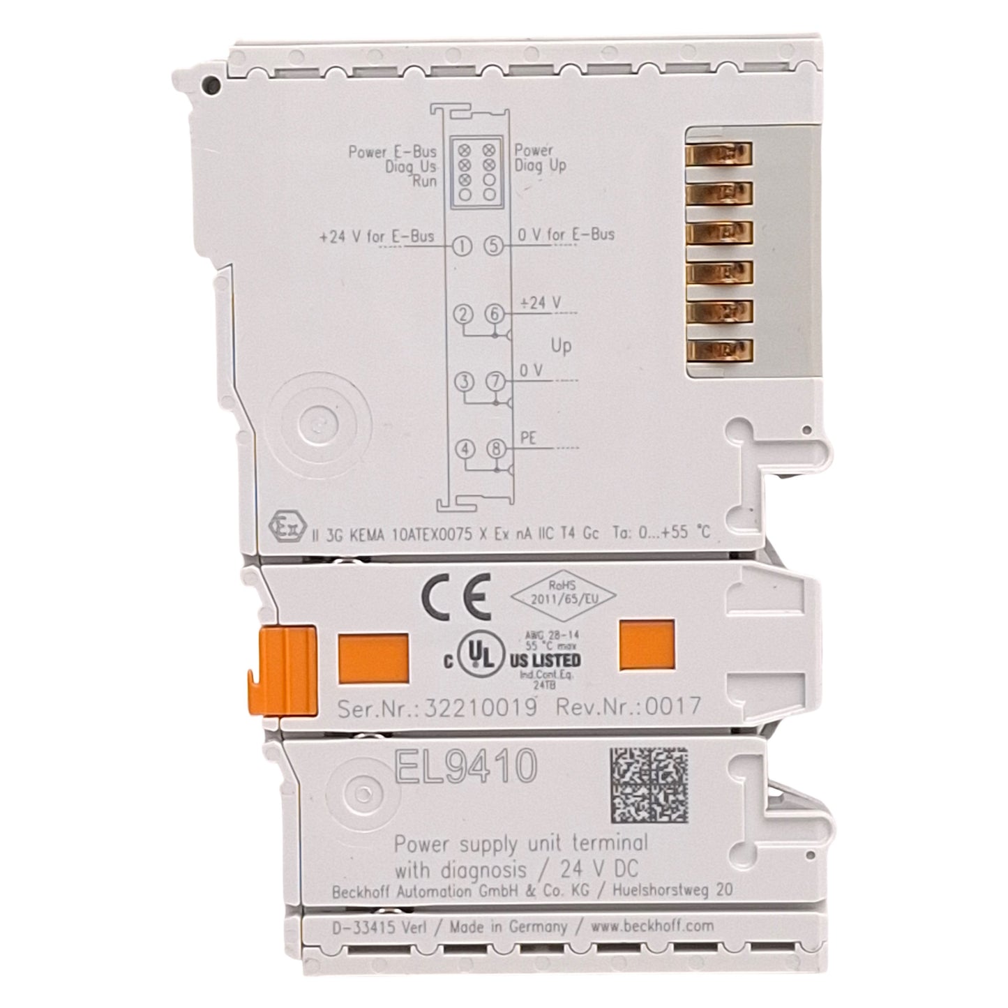 Used Beckhoff EL9410 EtherCAT Terminal, Power Supply For E-Bus w/ Diagnostics, 24VDC