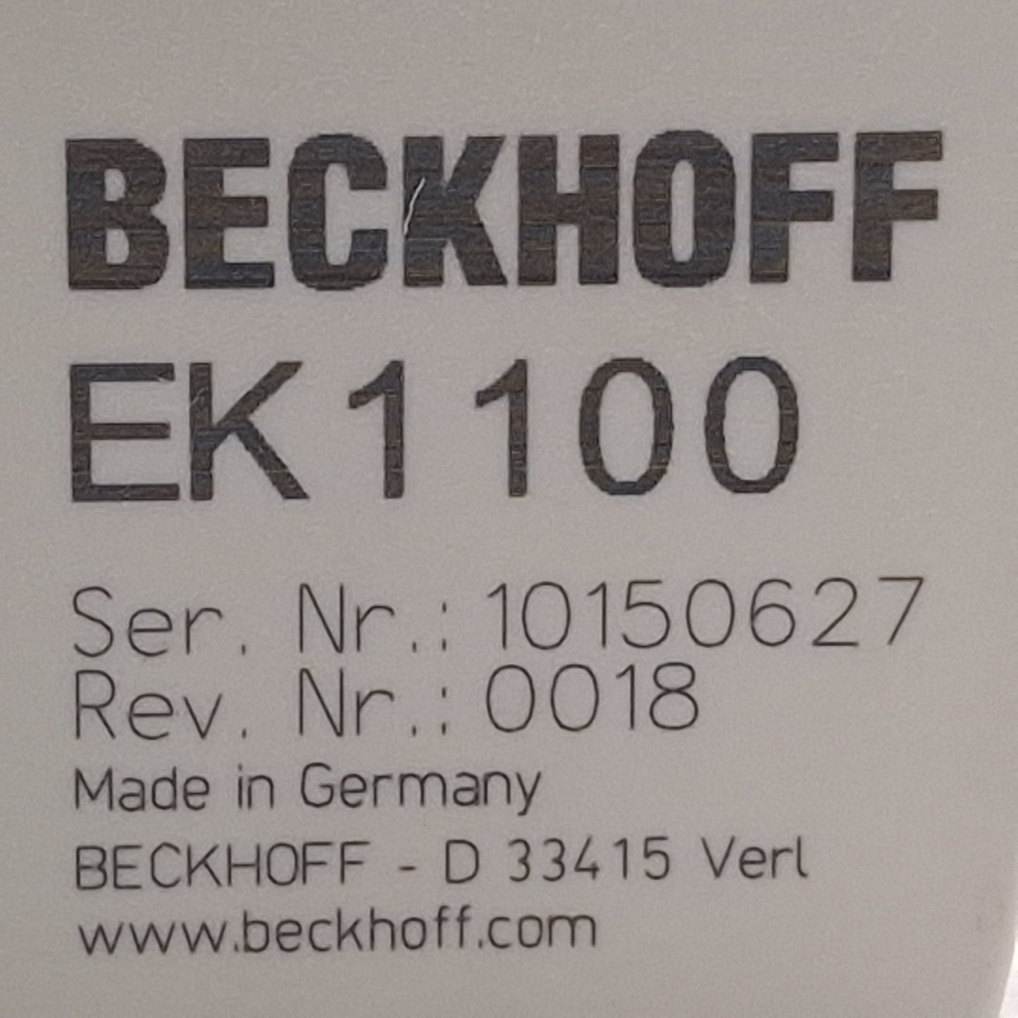 Used Beckhoff EK1100 EtherCAT Coupler, (2x) RJ45, 100Mbit/s, 24VDC, DIN RAIL
