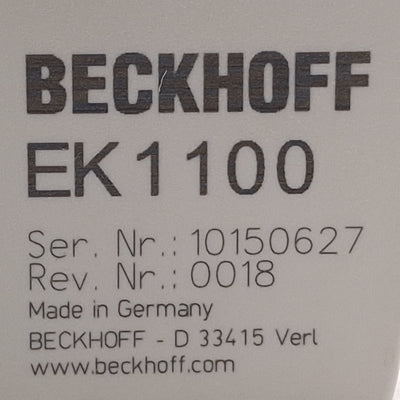 Used Beckhoff EK1100 EtherCAT Coupler, (2x) RJ45, 100Mbit/s, 24VDC, DIN RAIL