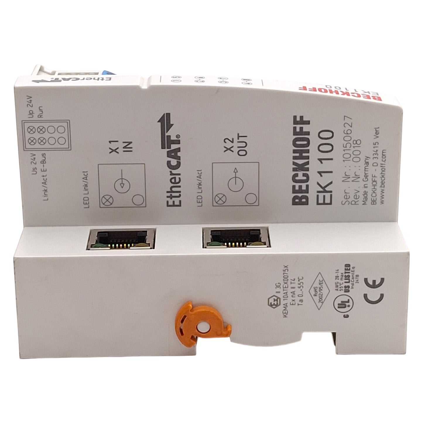 Used Beckhoff EK1100 EtherCAT Coupler, (2x) RJ45, 100Mbit/s, 24VDC, DIN RAIL
