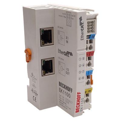 Used Beckhoff EK1100 EtherCAT Coupler, (2x) RJ45, 100Mbit/s, 24VDC, DIN RAIL