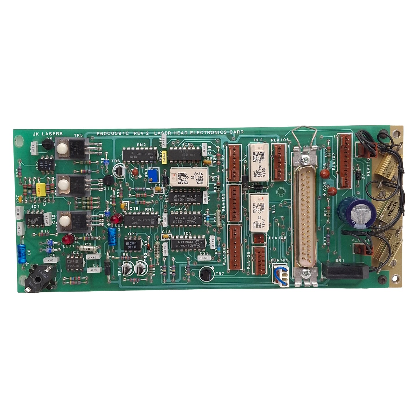 Used JK Lasers E60C0591C Rev 2 Laser Head Electronics Card, 37 Pin D-Sub, 3x 8-Pin