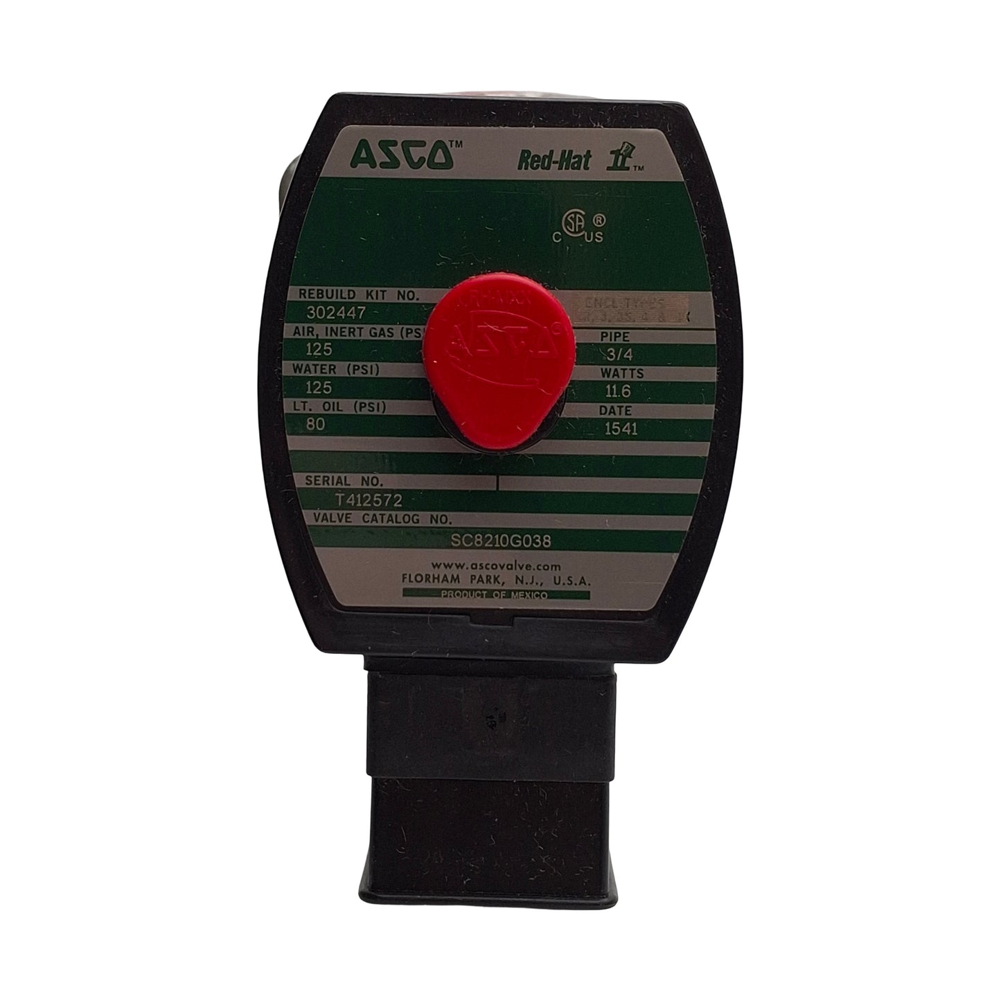New ASCO SC8210G038 Solenoid Valve, 3/4" NPT Ports, 125psi, 2-Way NO, 24VDC Coil