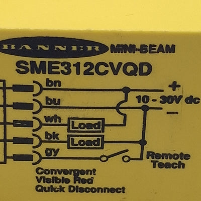 Used Banner SME312CVQD Photoelectric Sensor, NPN/PNP, 16mm Range, 10-30VDC, 5-Pin M12