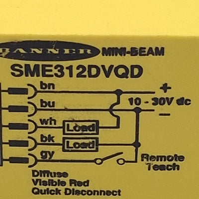 Used Banner SME312DVQD Photoelectric Sensor, NPN/PNP, 1.1m Range, 10-30VDC, 5-Pin M12