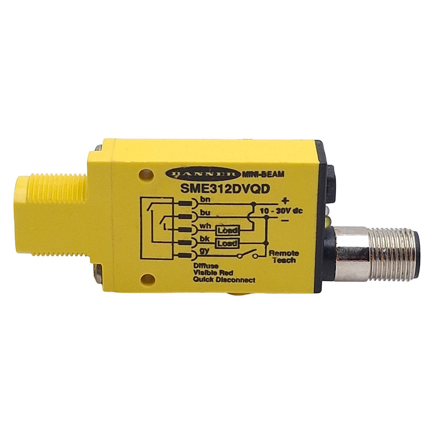 Used Banner SME312DVQD Photoelectric Sensor, NPN/PNP, 1.1m Range, 10-30VDC, 5-Pin M12