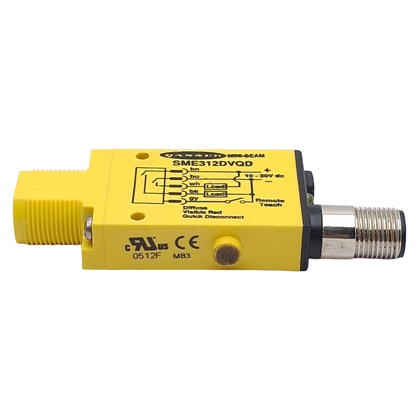 Used Banner SME312DVQD Photoelectric Sensor, NPN/PNP, 1.1m Range, 10-30VDC, 5-Pin M12