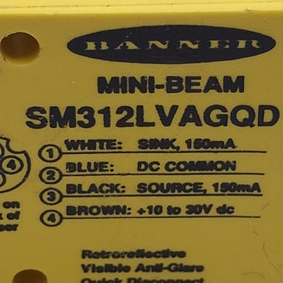 Used Banner SM312LVAGQD Photoelectric Sensor NPN/PNP, 50mm-2m Range, 30VDC, 4-Pin M12