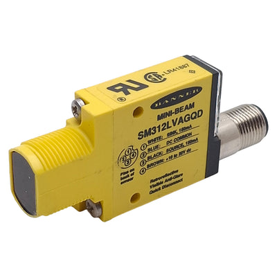 Used Banner SM312LVAGQD Photoelectric Sensor NPN/PNP, 50mm-2m Range, 30VDC, 4-Pin M12